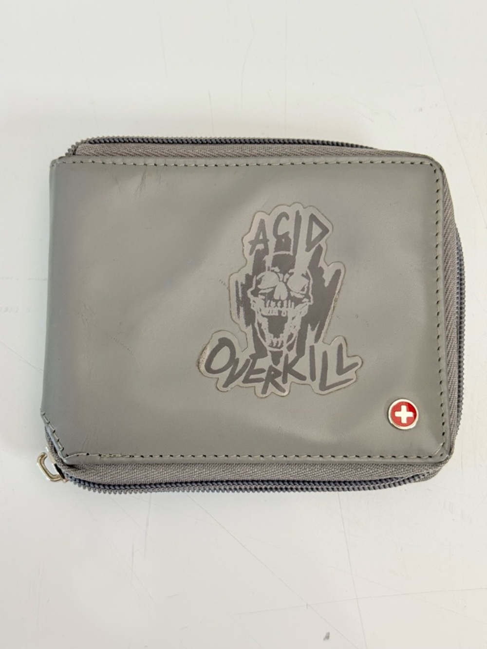 Alpine Swiss Zipper Bifold Wallet Grey with Acid Overkill Graphic Sticker Punk